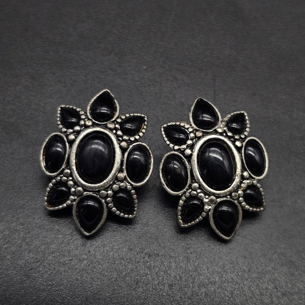 Liz Claiborne Black Floral Clip On Earrings Silver Tone Boho Costume Jewelry